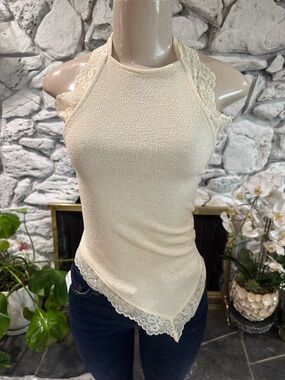 Cream Lace-Trim Halter Tank Top - Women's